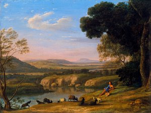 "Paysage au chevrier"" (Řeční krajina s pastýřem koz) Malba Clauda Lorraina (1600-1682) kolem roku 1645 - Olej na plátně Rozměr 39,5x53 cm Niedersaechsisches Landesmuseum, Hannover