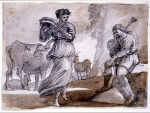Venkovský tanec (černá a červená křída a mytí na papíře) od Claude Lorrain