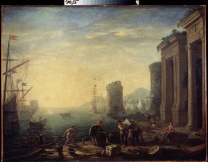 Ráno v přístavu. Ráno v přístavu. Obraz Clauda Gelleeho, známý jako Le Lorrain (1600-1682). Olej na plátně