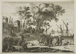 Pobřežní scéna s uměleckou kresbou od Claude Lorrain