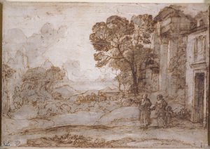 Krajina s Abrahamem vyhánějícím Hagar a Ishmael, kolem 1665-67 (pero a inkoust a omývání křídou na papíře) od Claude Lorrain