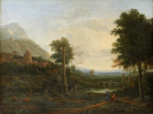 Krajina se sloupcem a postavami od Claude Lorrain