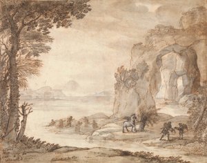 Perseus and the Origin of Coral, kolem roku 1671 (černá křída, sépie a černý inkoust, sépie a šedá barva s bílou) od Claude Lorrain