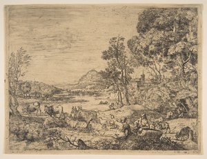 Pastýř a pastýřka konverzují v krajině, ca. 1651. od Claude Lorrain