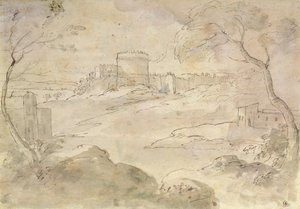 Krajina s opevněným městem (inkoust a mytí na papíře) od Claude Lorrain