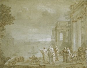Pohled na Kartágo s Dido a Aeneem, 1676 (pero a inkoust s lavírováním a křídou, zvýrazněno bílou na papíře) od Claude Lorrain