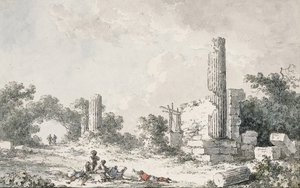 Ruiny chrámu Castor a Pollux, Agrigento, s umělci skicujícími od Claude Louis Chatelet