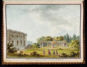 "Vue de Jeu de Bague, de Sa Gallerie, & d"une des Façades du Chateau", z Královnina zámku a zahrad v Petit Trianon: Přepychové album původních kreseb a plánů na objednávku Marie-Antoinetty, architekt Richard Mic