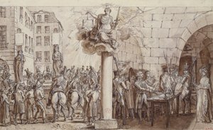 Vdova Morin a její dcera Angelique Delaporte v Conciergerie a potrestány spoutáním na veřejnosti za zločin vydírání s násilím podpisů, 1812 (pero, inkoust a mytí na papíře od Claude Louis Desrais