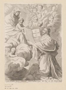 Armand-Jean du Plessis vévoda z Richelieu představuje knihu Mary s dítětem Titulní strana pro: Armand-Jean du Plessis vévoda z Richelieu, Traité de la perfection du chrétien od Claude Mellan