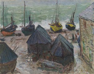 Lodě na pláži v Étretat od Claude Monet