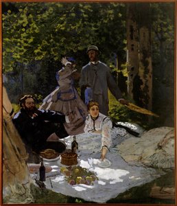 Snídaně na trávě Fragment. Levá část. Pravá strana: znázornění zleva doprava Gustave Courbet, Camille Doncieux a Frederic Bazille (stojící uprostřed). Obraz Clauda Moneta (1840-1926) 1865-1866 Ne. 2,48x2,17 m Paříž, musee d