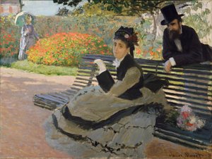 Camille Monet na zahradní lavičce od Claude Monet