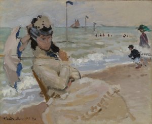 Camille na pláži v Trouville od Claude Monet