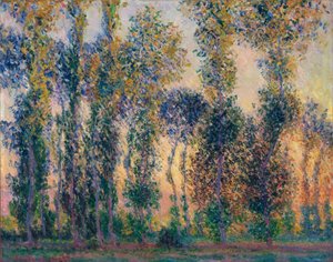 Topoly v Giverny (Francie), východ slunce. Obraz Clauda Moneta (1840-1926), olej na plátně od Claude Monet