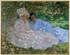 Paní Monetová a přítel na zahradě. Dvě ženy sedí ve stínu stromu. Obraz Clauda Moneta (1840-1926) od Claude Monet