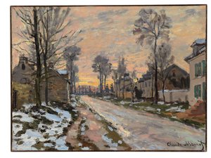 Cesta do Louveciennes, tající sníh, zapadající slunce, cca 1869-70 od Claude Monet