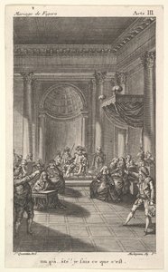 Muž sedící v křesle na stupňovité plošině drží obecenstvo, dva ukazující muži stojí..., ca. 1784.