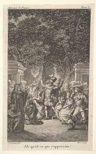 Mladý chlapec drží pochodeň pod stromy v zahradě, uprostřed muž zvedne obě paže, s..., ca. 1784.