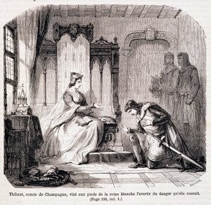 Thibaut, hrabě z Champagne, přišel k nohám královny Blanche Kastilské, aby ji varoval před nebezpečím, které jí hrozí – v „Paříži v průběhu století“ od de Genouillac od Claude Sauvageot