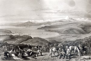 Vzdálený pohled na sopku Aconcagua, z „Historia de Chile“ vyryté F. Lehnertem od Claudio Gay