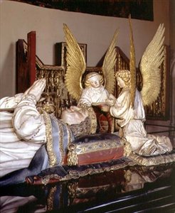Detail podobizny a dvou andělů z hrobky Filipa Smělého, burgundského vévody (1342-1404), od Jeana de Marville (zemř. 1389), Clause Slutera (zemř. 1405/6) a Clause de Werve (asi 1380-1439), na objednávku kláštera Champmol. od Claus and Marville Jean de Sluter