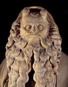 Vlámské gotické umění: prorok Mojžíš. detail podstavce s vyobrazením Daniela, Zachariáše, Izajáše, Mojžíše, Jeremiáše a Davida od Clause Slutera (1350-1406) známého jako Mojžíšovy Puity (nebo Studna proroků)