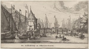 Různé lodě a pohledy na Amsterdam (Verscheÿde Schepen en Gesichten van Amstelredam), část II: Geldersche Quai a Schreiers Tower