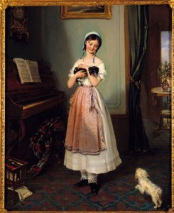 Mladá dívka v buržoazním interiéru se dvěma psy. Obraz Clementine de Bar (1807-1856) Paříž 19. století, Galerie Garoche od Clementine de Bar
