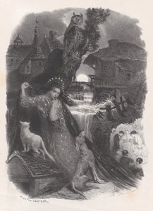 Noc, viněta dívky v kostýmu z 18. století trhající růže na rubu, ca. 1830-65. od Célestin Nanteuil