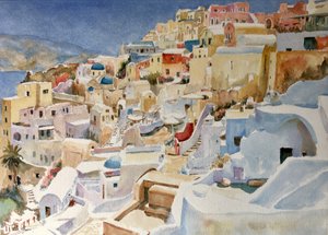 Santorini, Oia, 2018 (akvarel) od Clive Wilson