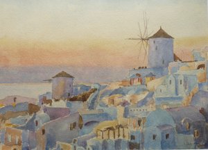 Santorini Oia – Západ slunce, čas rozsvícení, 2019 (akvarel)