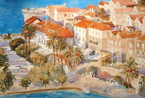 Západ slunce, přístav Korçula, 2011 (akvarel) od Clive Wilson