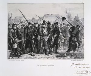 Francouzsko-pruská válka 1870-1871: Pruští váleční zajatci. Ze série litografií Clementa Augusta Andrieuxe o Gardes Nationales.