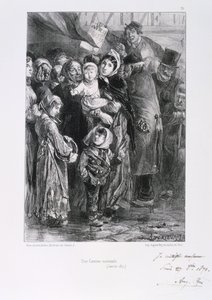 Francouzsko-pruská válka 1870-1871. Obléhání Paříže 19. září 1870-28. ledna 1871. Národní vývařovna v Paříži, leden 1871. Ze série litografií Clementa Augusta Andrieuxe o Gardes Nationales. Nedostatek potravin Hlad od Clément Auguste Andrieux