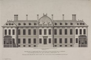 Povýšení Montague House na dvůr Great Russell Street, Holborn, kolem roku 1725 (rytina)
