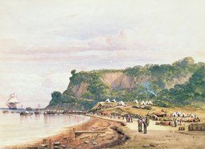 Vylodění britských a francouzských vojsk ve Varua u Černého moře z H.M.S.Bellerophon, 17. července 1854 v Krymské válce (akvarel) od Colonel Ben Hallewell