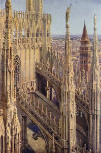 Křídlo katedrály Duomo a věž svatého Gottarda v Miláně