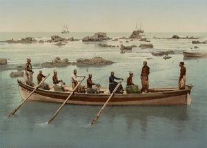 Boatmen, Jaffa, Izrael, kolem 1890-1906 (fotochromovaný tisk) od Company Photoglob