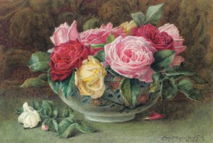 Zátiší s miskou růžových, žlutých a červených růží, 1883 od Constance Lawson