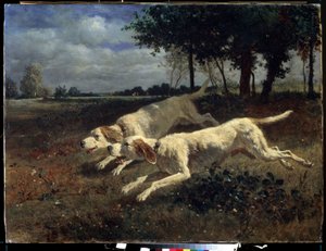Pobíhající psi. Obraz Constant Troyon (1810-1865). Olej na plátně, 75 x 11 cm od Constant Emile Troyon