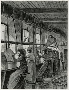 Dámská dílna ve skle Val Saint Lambert. Rytina od C. Meuniera k ilustraci příběhu „“ La Belgique“ od Camille Lemonnier (1844-1913), spisovatelky a kritičky umění.