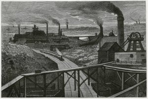 Těžba uhlí a terry (aspekty contree borainu). Rytina Constant Meunier pro ilustraci příběhu „Belgie“ od Camille Lemonnier (1844-1913), belgická spisovatelka. Publikováno v Le Tour du monde, nouveau journal des voyages, 2. semestr 1884, e