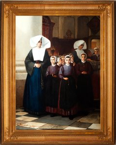 Malování. Signováno a datováno: Constant Meunier 1864. Sirotci. Olej na plátně. Detail.