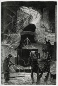 Odlévání oceli v kokerillových provozech v Seraingu. Rytina od C. Meuniera k ilustraci příběhu „“ La Belgique“ od Camille Lemonnier (1844-1913), spisovatelky a kritičky umění. od Constantin Emile Meunier