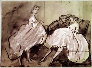 Dvě prostitutky a klient svádění Scene v nevěstinci. Kresba Constantin Guys (1805-1892) Paříž 19. století, Musee Carnavalet