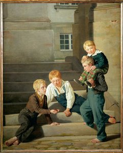 Chlapci hrající kostky před palácem Christiansborg v Kodani (malba na plátně) od Constantin Hansen