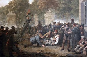 Revoluční barikáda stojící před bruselským parkem během bojů mezi belgickými rebely a nizozemskými silami v roce 1830 od Constantinus Fidelio Coene