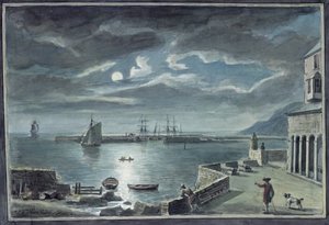 Přístav a Cobb, Lyme Regis, Dorset, za měsíčního svitu
