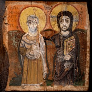 Koptské umění: „“ Kristus a abbé Mena““ Svatý Menas (Minas, Mina, Mena, Mennas), egyptský mučedník 3. století. Fragment barvy na dřevě (detrempe na fíkovníku) 6. nebo 7. století Rozměr: 57x57cm. Z lokality Baouit v Egyptě. - Koptské umění: „“ Chri